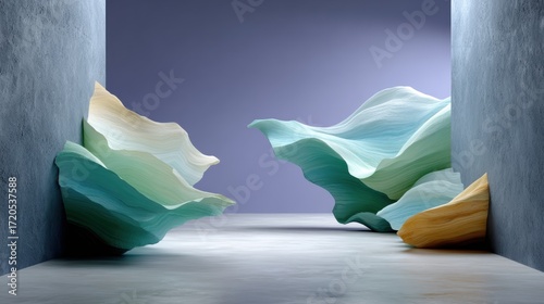 Discover Tranquility in Art: A Room Adorned with a Breathtaking Mountain Sculpture Surrounded by Calming Waves