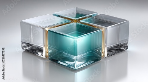 Stunning Glass Cube Design Elegantly Blending Gold and Silver with a Soft Blue-Green Palette