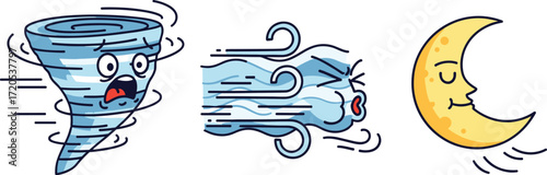 Cartoon tornado truck and moon characters in a windy scene