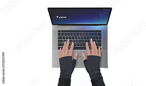 Top-down view illustration of hands in gloves typing on a laptop keyboard, concept of digital work, communication, and online activity