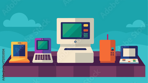 An exhibit showcases the evolution of technology as a vintage laptop from the 90s sits on a pedestal surrounded by modern laptops used by visitors.. Vector illustration