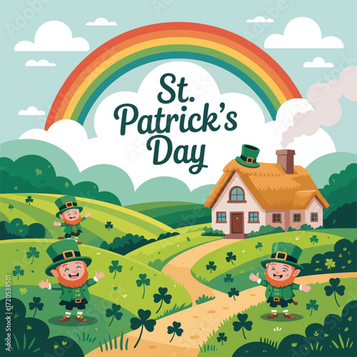 Happy St. Patrick's Day, three happy leprechauns in a green landscape with a rainbow and a cottage