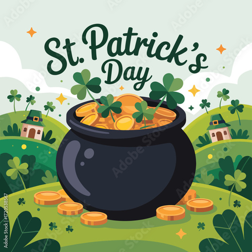 Happy St. Patrick's Day, Pot of gold coins with shamrocks and leprechaun hats