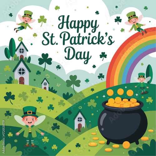 Happy St. Patrick's Day, Cartoon leprechauns flying over green hills with a pot of gold