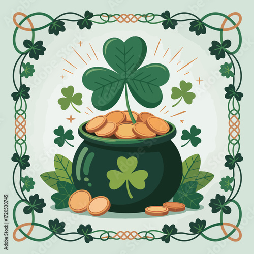 Happy St. Patrick's Day, Pot of gold with shamrocks and Celtic knot border, st patrick's Day