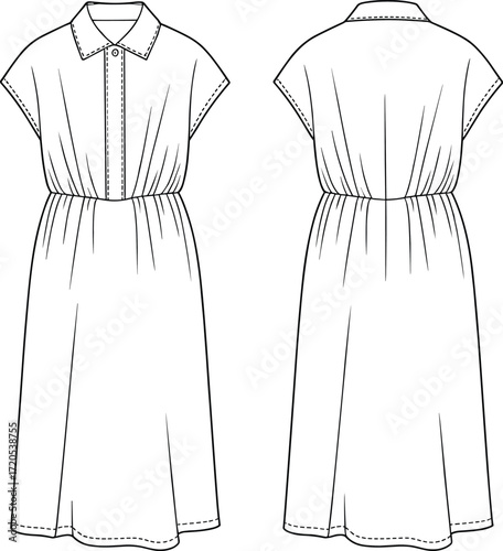 Women’s collared midi dress technical flat sketch, front and back view, fashion design vector, apparel illustration, garment construction, gathered waist, short sleeves