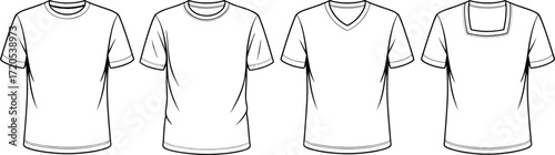 Four t shirt neckline styles technical flat sketch front views with crew neck, v neck, square neck, fashion CAD vector illustration