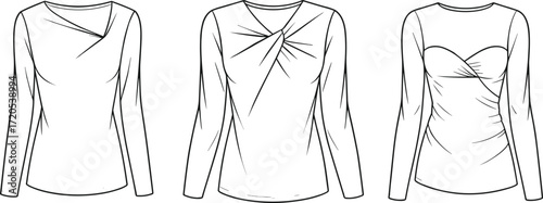 Three long sleeve tops technical flat sketch front views with asymmetrical, gathered, sweetheart necklines, pleated and ruched details, fashion CAD vector illustration