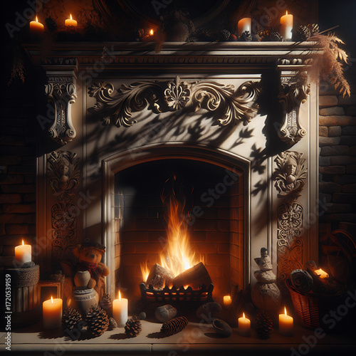 Cozy Winter Fireplace – Ornate Hearth and Flickering Candles in Warm Holiday Evening Setting