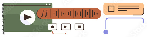 Audio waveform, video player window, control buttons, and text comment elements highlight multimedia content. Ideal for media creation, content management, digital tools, education, music