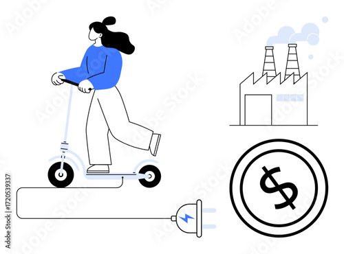 Female riding electric scooter tied to a power source with a factory emitting smoke and dollar sign circle. Ideal for sustainability, transport, energy cost, green tech, urban mobility, economics