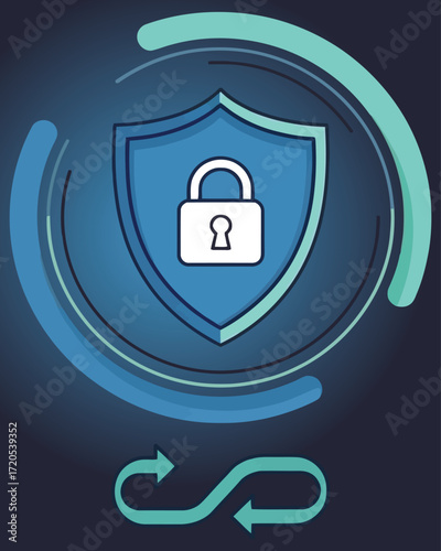Shield with padlock and circular arrows symbolizing security.