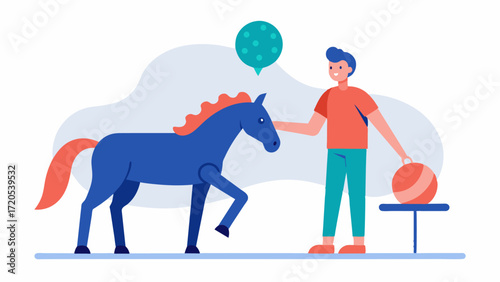 A person with a brain injury participating in a therapy session with horses using equine therapy to improve motor skills balance and emotional regulation.. Vector illustration