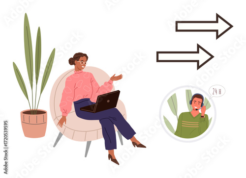 Woman on armchair multitasking with laptop, engaging with customer support on call inset, decorative plant. Ideal for remote work, customer service, multitasking, communication, support, efficiency