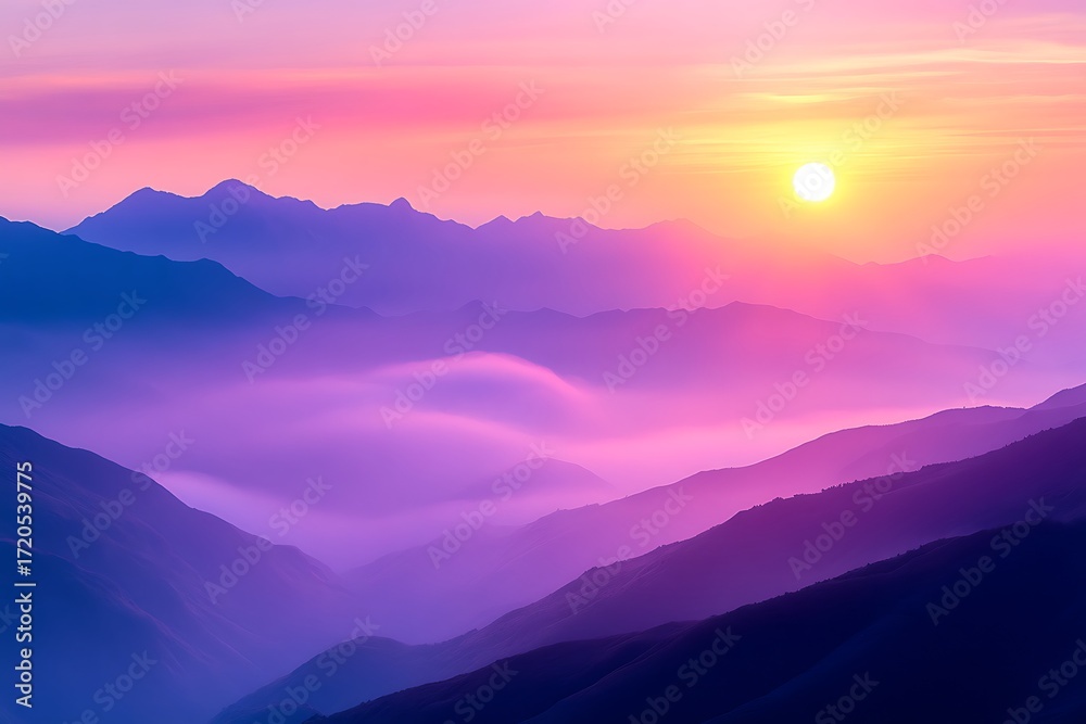 Obraz premium Mountain Range Silhouette at Sunset, Pink and Purple Landscape with Vivid Sunlight