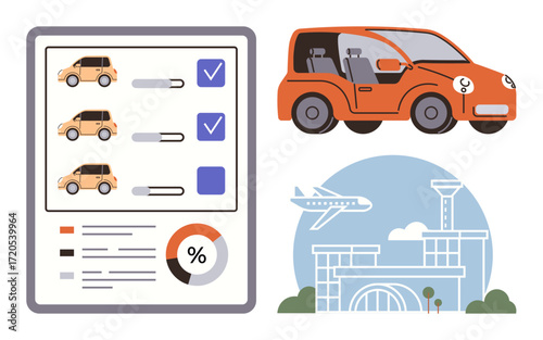 Checklist with cars and selections, orange car, airport with airplane and terminal. Ideal for rental services, travel, vacation planning, fleet management, tourism, booking apps transportation