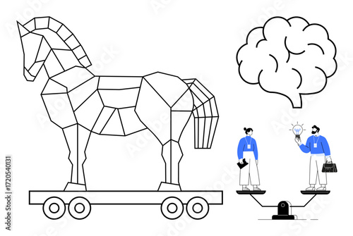 Geometric Trojan horse, abstract brain, two coworkers balancing on scale discussing idea. Ideal for strategy, innovation, teamwork, decision-making, analysis creativity problem-solving. Simple flat