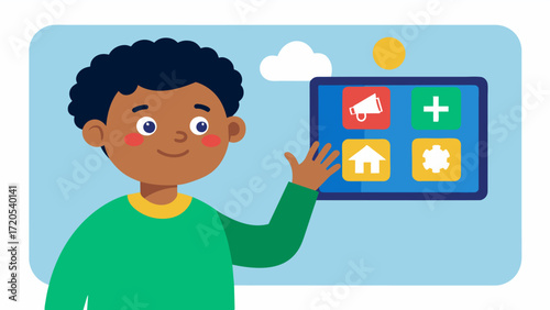 A child with a learning disability uses a touchscreen to access personalized educational games and activities that cater to their specific needs.. Vector illustration