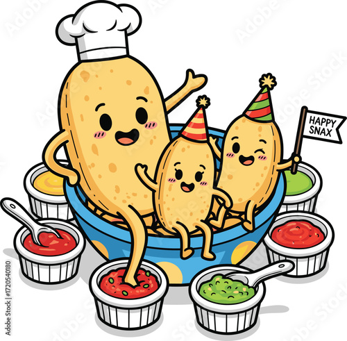 Happy potatoes celebrating with dips and sauces