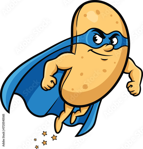 Flying superhero potato with blue cape and mask