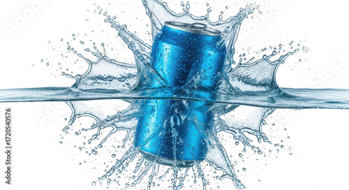A blue soda can splashes dramatically into water, creating a dynamic burst of liquid isolated on transparent background