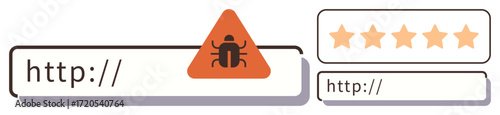 Warning sign with a bug icon over a URL bar and a 5-star security rating badge. Ideal for cybersecurity, internet safety, website analysis, malware detection, threat prevention, online reputation