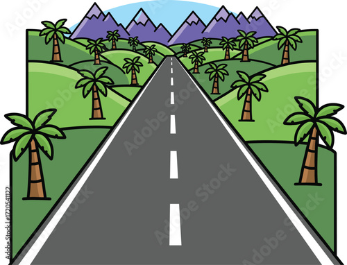 Scenic highway leading through lush green landscape to distant mountains