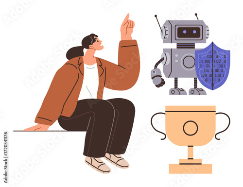Woman gesturing upward next to robot holding shield and trophy, symbolizing AI excellence and innovation. Ideal for concepts thumbs up technology, cybersecurity, collaboration, competition
