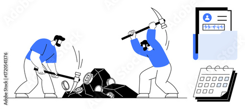 Two men using pickaxe and hammer to break rocks, folder with profile documents, and calendar symbolizing labor, productivity, goal-setting. Ideal for teamwork, effort, deadlines, targets resilience