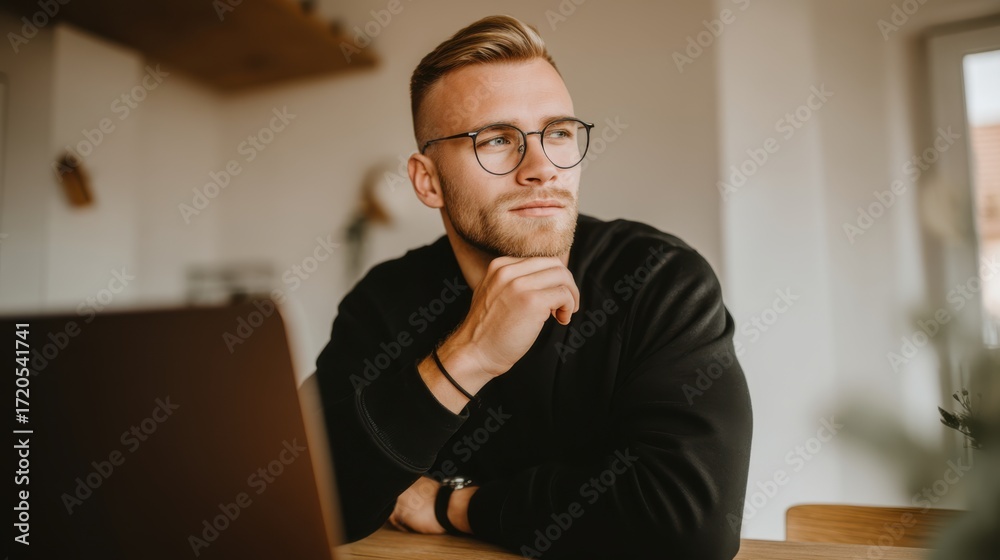 Obraz premium Contemplative man working in a modern home office indoor setting thoughtful expression natural light relaxed ambiance