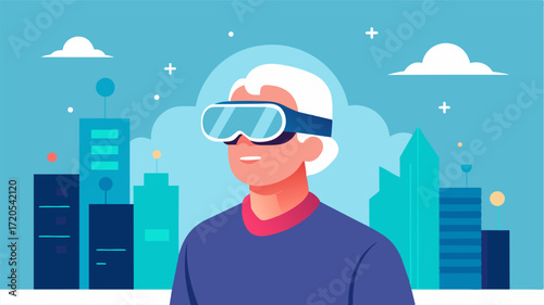 A senior citizen using a virtual reality headset to relive their favorite memories or travel to places they have never been.. Vector illustration