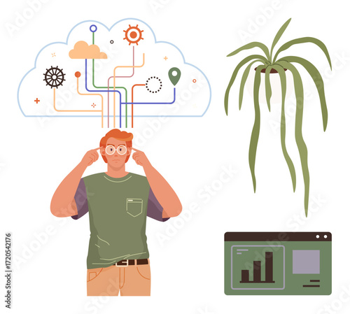 Thoughtful man focusing on interconnected cloud data pathways, plant symbolizing growth, and a data dashboard. Ideal for technology, analytics, personal growth, innovation, cloud computing