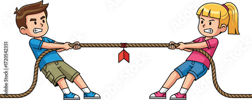Boy and girl playing tug of war, rope pulling game, children competition, teamwork challenge, cartoon sports activity, outdoor fun illustration