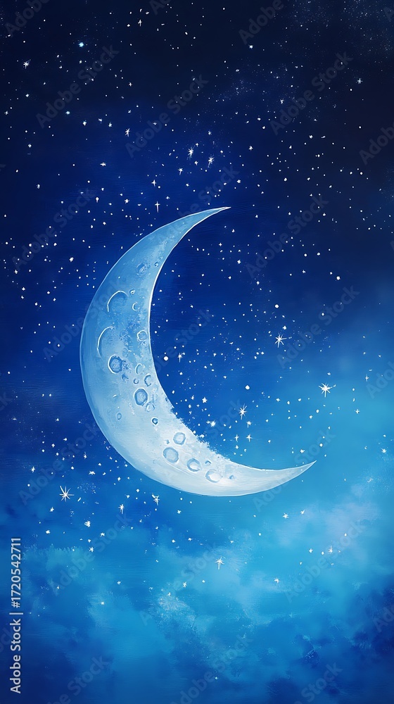 Naklejka premium Night Sky with Crescent Moon and Scattered Stars in Blue Watercolor Texture