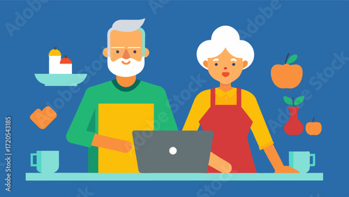 A retired couple takes virtual cooking classes together learning new skills and keeping their minds engaged through the use of technology.. Vector illustration