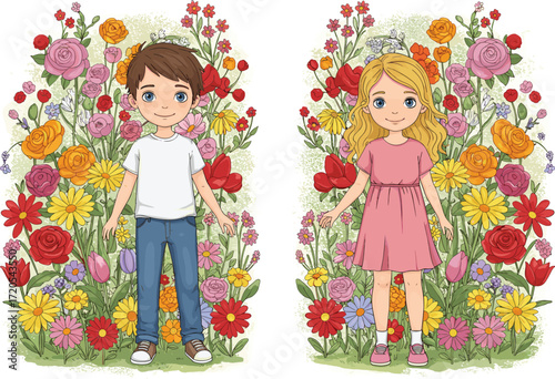 Cute cartoon boy and girl standing in colorful blooming flower garden, springtime illustration, children in nature, floral background design