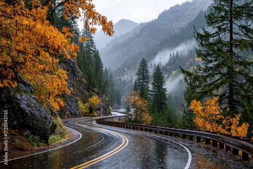 Winding road with autumn foliage and misty forest views after rain. Use to evoke travel, fall landscapes, or nature's serene beauty.