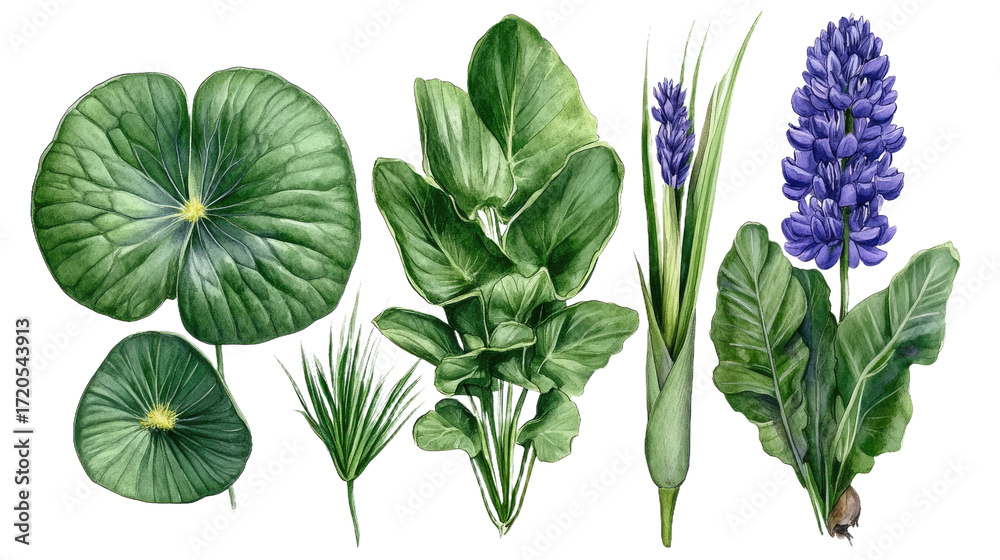 Obraz premium Vibrant Watercolor Botanical Illustration of Aquatic Plants Collection with Green Leaves and Purple Flowers. PNG Clipart Transparent