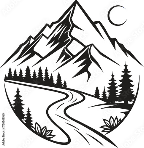 A clean black and white mountain landscape with winding road, pine trees, and moonlight. Perfect for hikers, travelers, and nature lovers who admire calm wilderness vibes.