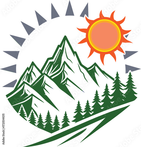 Modern mountain, sun, and pine forest logo design ideal for travel, tourism, adventure, hiking, camping, outdoor brands, eco business, and nature identity.
