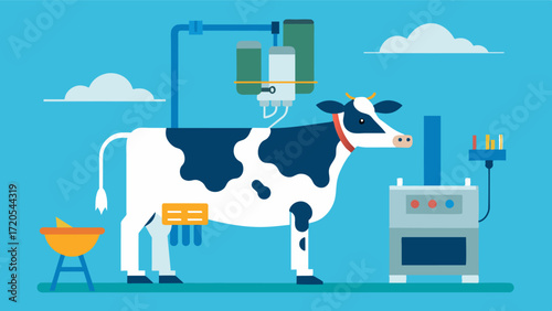 A robotic milk collector equipped with sensors and AI technology able to identify and separate milk from cows with the highest milk production.. Vector illustration