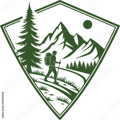 A bold outdoor badge featuring a lone hiker, pine trees, and rugged mountains. Perfect for adventurers, hikers, campers, and nature lovers who crave the wild.