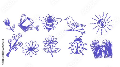 Set of hand-drawn garden and nature illustrations, including watering can, bee, bird, sun, flowers, blossoms, ladybug, and gardening gloves.
