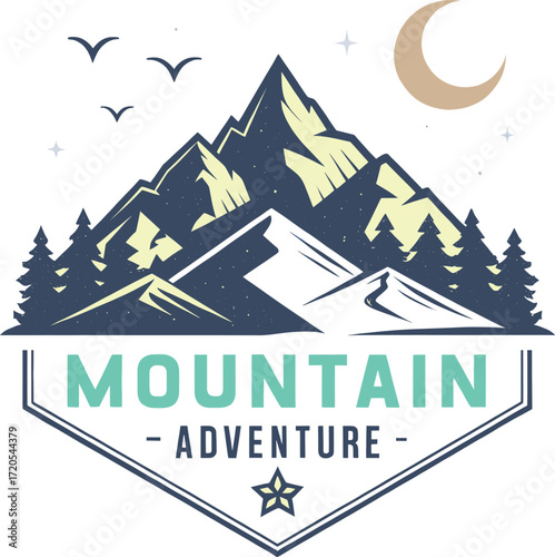 A clean mountain adventure emblem with peaks, trees, birds, and moon. Ideal for hikers, campers, travelers, and outdoor lovers who enjoy nature exploration.