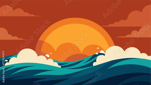 A sunset over an ocean with crashing waves symbolizing the overwhelming feeling of cognitive overload.. Vector illustration