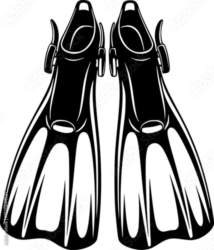 Monochrome image of pair of diving flippers for underwater exploration
