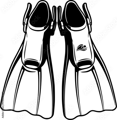 Monochrome image of pair of diving flippers for underwater exploration
