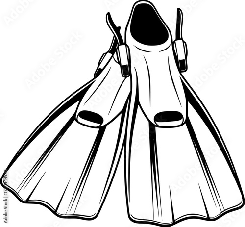 Monochrome image of pair of diving flippers for underwater exploration
