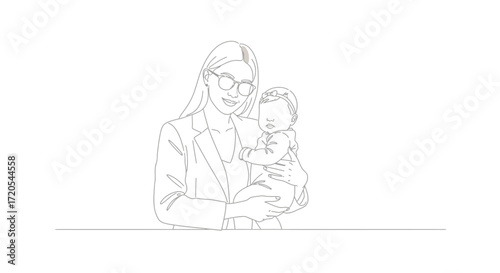 Minimalist One Line Art of a Mother Holding Her Baby, Working Mom and Child, Elegant Line Drawing of a Businesswoman and Her Baby