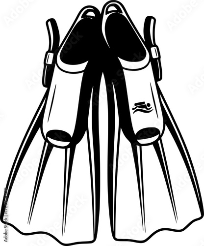Monochrome image of pair of diving flippers for underwater exploration
